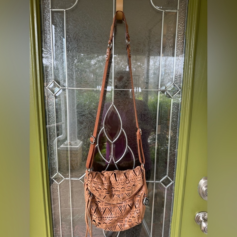 The Sak Adjustable Crossbody Brown Leather Laser Cutout Bohemian Purse